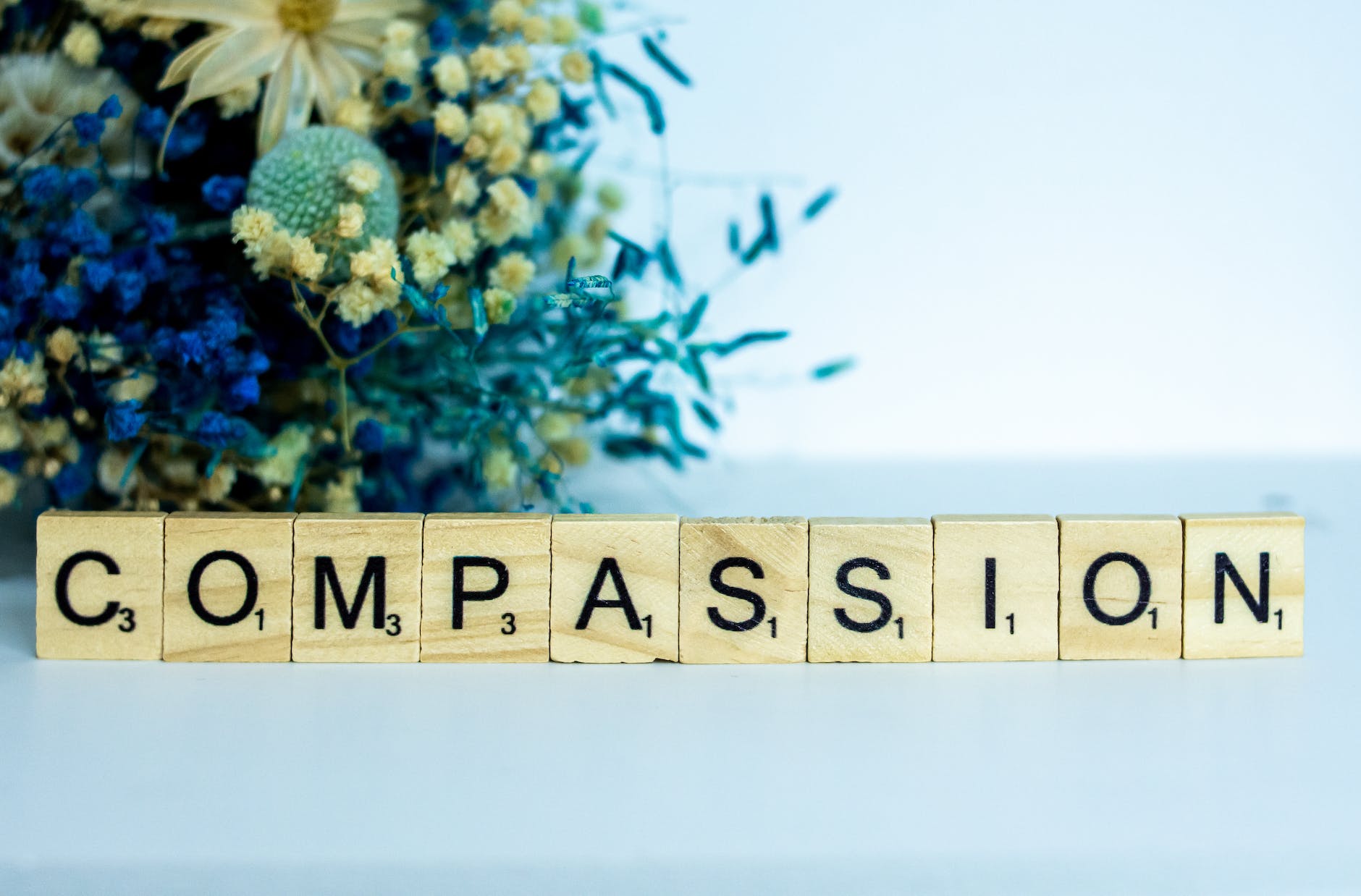 letter compassion tiles on white surface