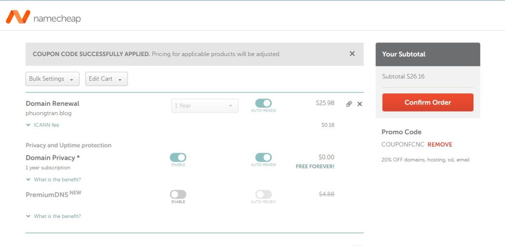 Xác nhận hóa đơn mua hàng Namecheap