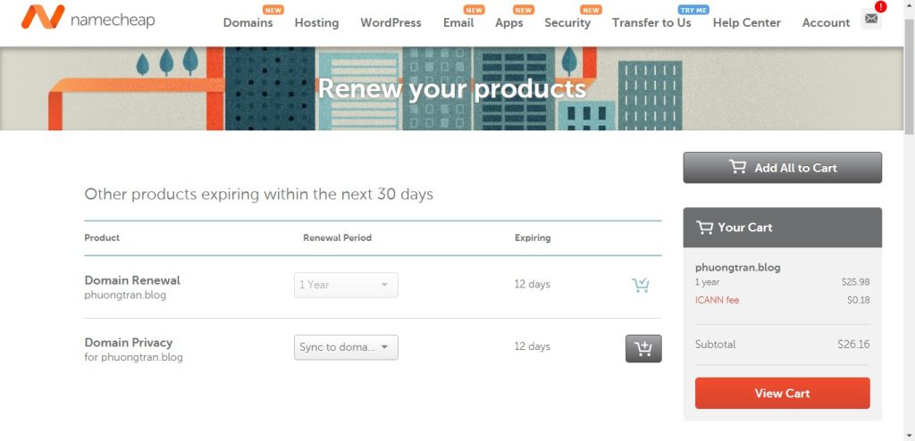 Xem lại giỏ hàng trên Namecheap